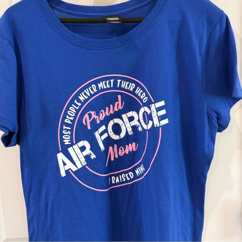 Hanes XL Proud Air Force Mom T-Shirt Blue Graphic Tee USA Cotton